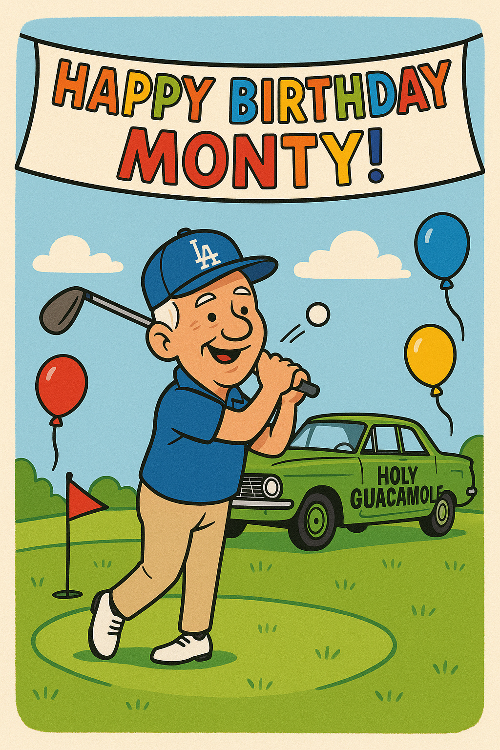 Last year's hand-drawn birthday card: cartoon Monty in an LA cap mid golf swing, with Holy Guacamole parked behind him under a Happy Birthday Monty banner